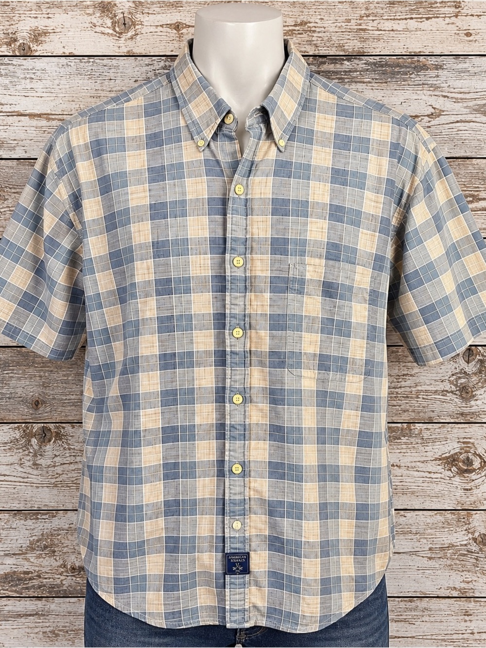 American Khakis The Big Shirt Mens L Blue Beige Plaid Cotton Woven Button Down